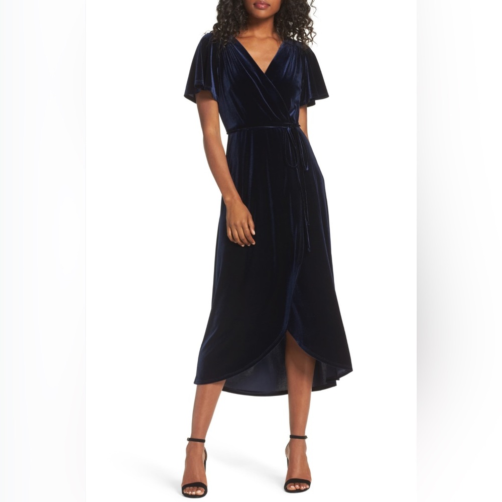 Velvet faux wrap midi dress (Navy) Chelsea28